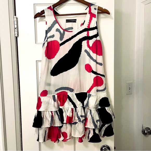 Club Monaco White Pink Black Viscose Party Dress Size 0 - Small - Picture 4 of 10